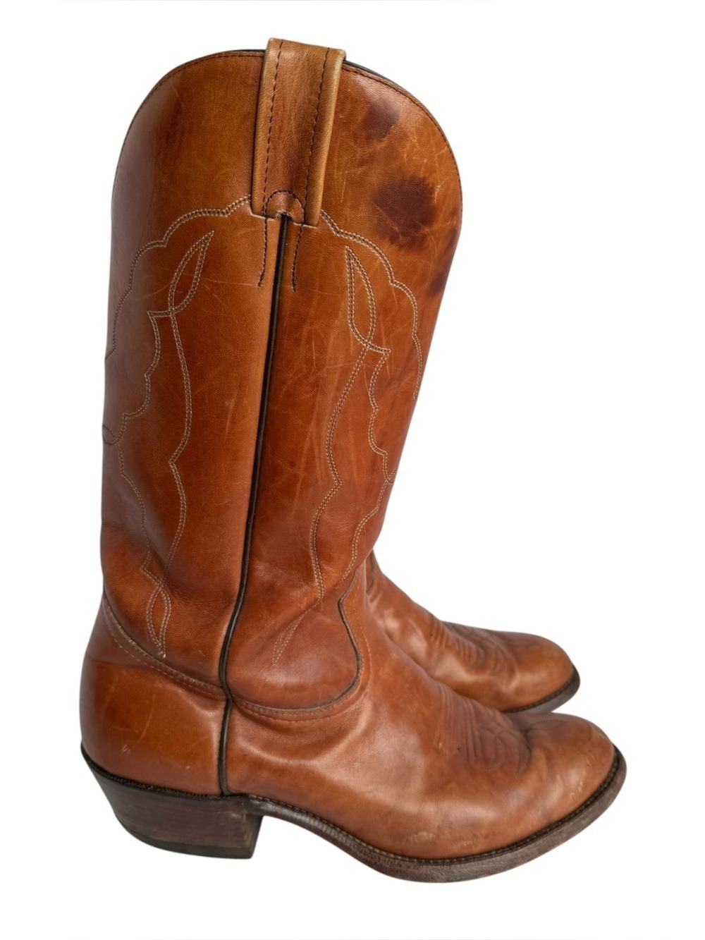 Vintage Boulet Leather Cowboy Boots Mens 10 Cognac Brown Western Ranch Patina